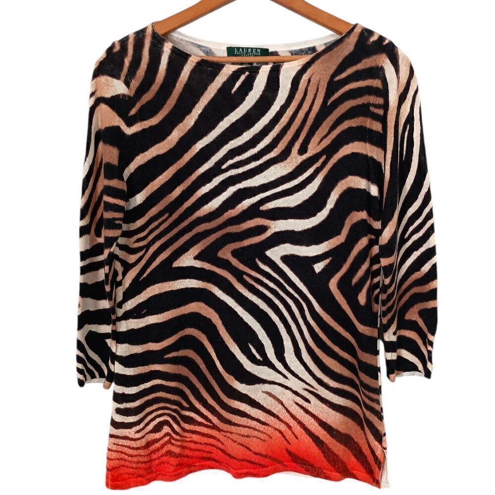 Ralph Lauren LRL Tunic Top Sz L Petite Linen Blend Knit Animal Print Mob Wife - Picture 10 of 16
